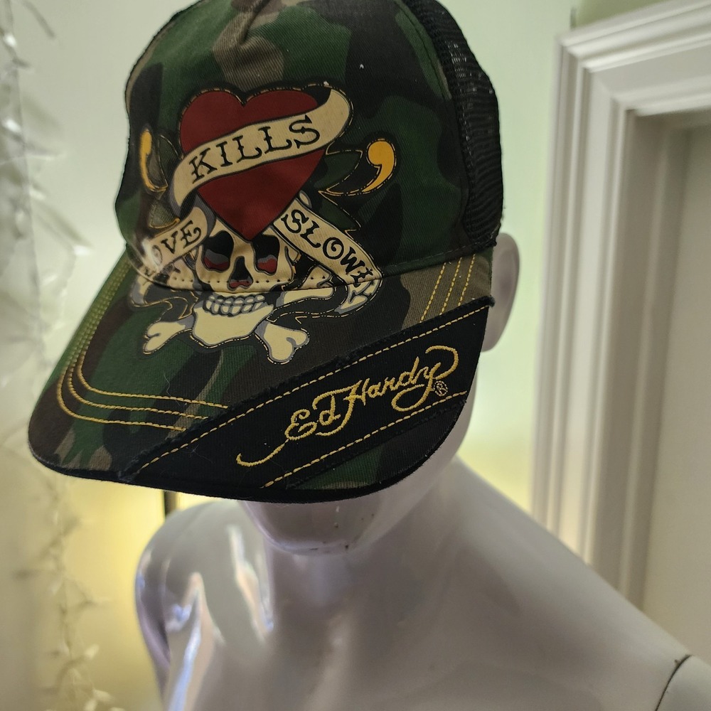 Ed Hardy Red Trucker Hat Mesh Green Adjustable One Size Skull Graphic